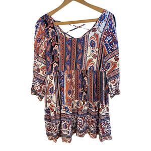 Umgee Boho Tunic Cross Back Women's Top Size M Western Country Prairie Modest